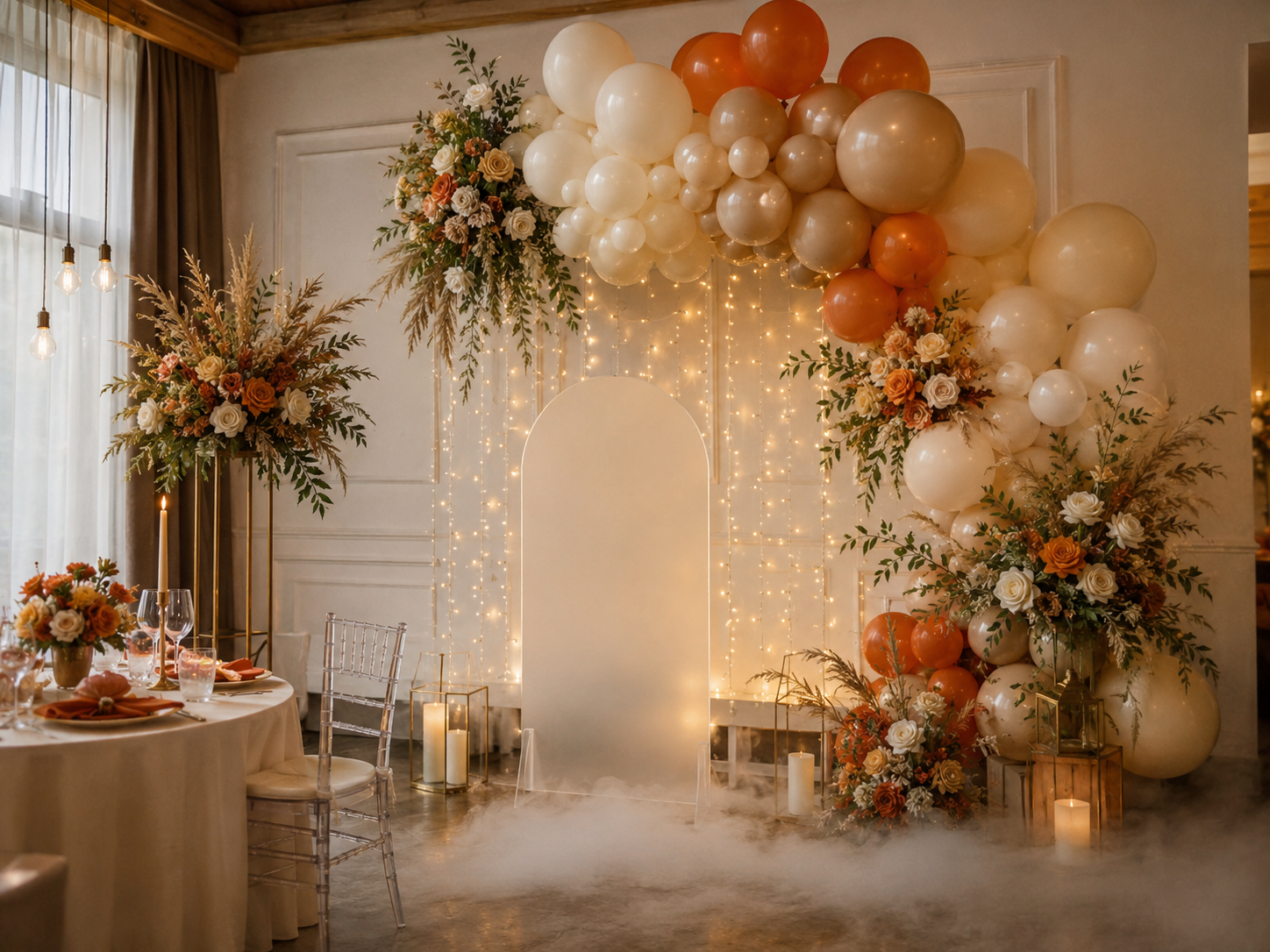 Decor elegant pentru evenimente cu baloane și flori