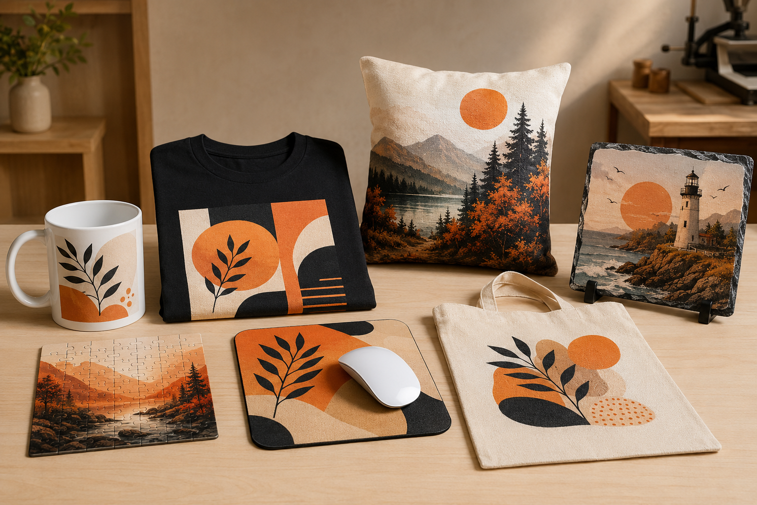 Colecție de produse pentru sublimare: cană, tricou, pernă, puzzle, mouse pad, sacoșă și ardezie foto